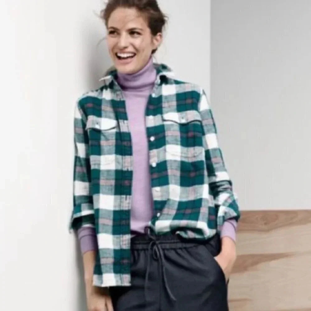 J. Crew Teal & White Plaid Flannel Boyfriend  Button Down Oversized Shirt